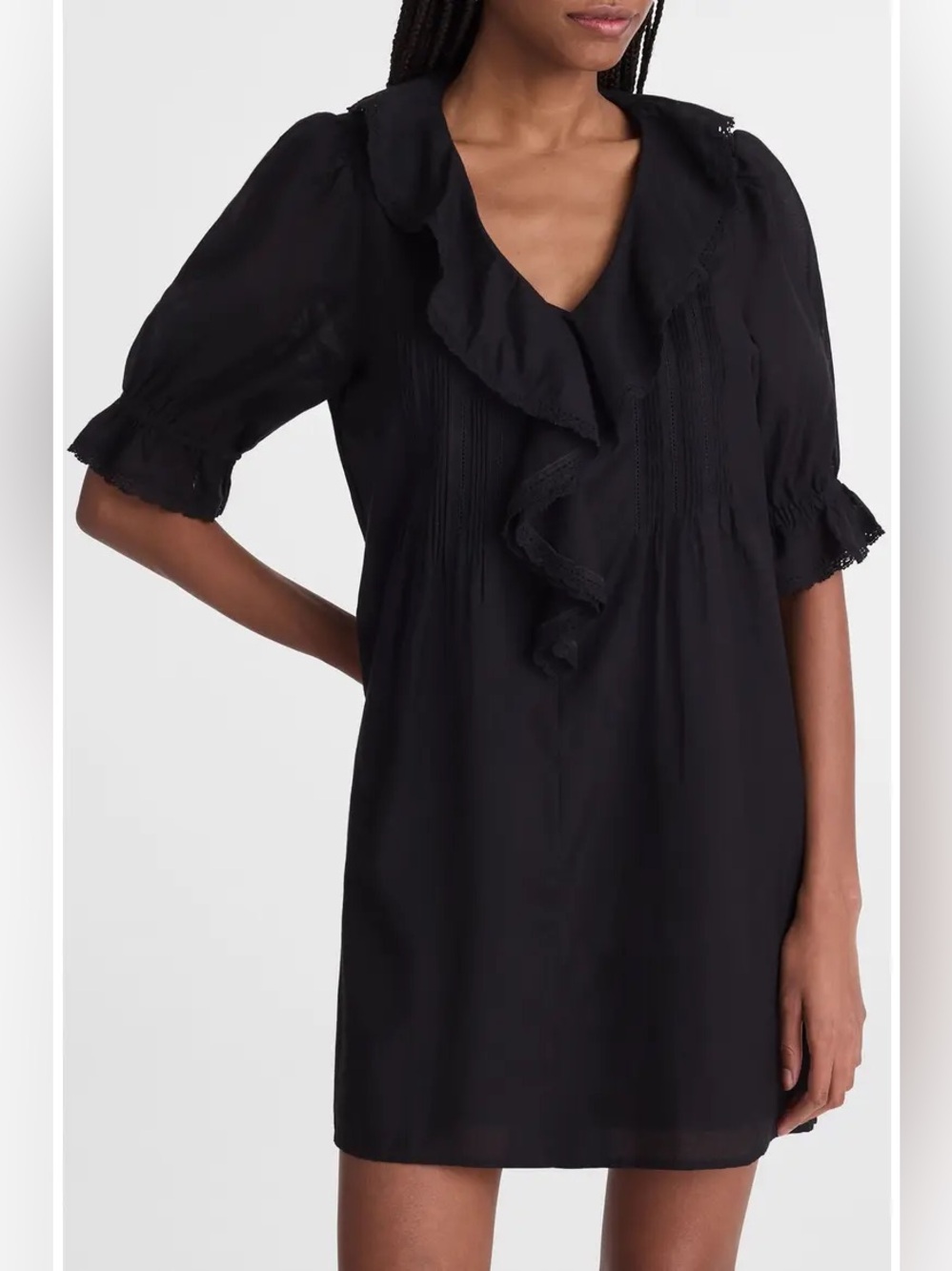 Madewell The Blaire Black Cotton Mini Dress pintuck ruffles vintage inspired